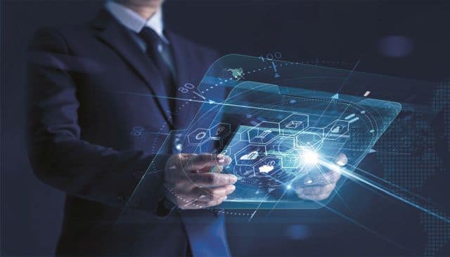 Businessman holding modern virtual interface banking in hand wit