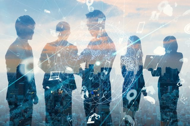 Business and technology concept. Internet of Things(IoT). Information Communication Network(ICT). Artificial Intelligence(AI). Transformacja Dnia Pracy